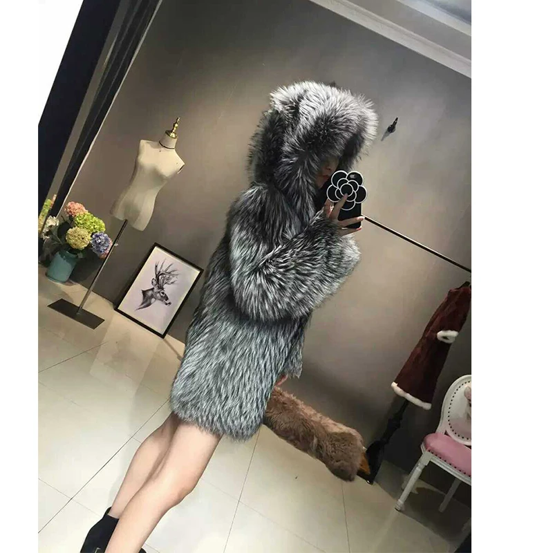 TOPFUR Новая модная шуба из натурального меха серебристой лисы, женская шуба с меховым капюшоном, Толстая Шуба из натурального Лисьего меха, зимняя куртка из натурального меха, базовые куртки