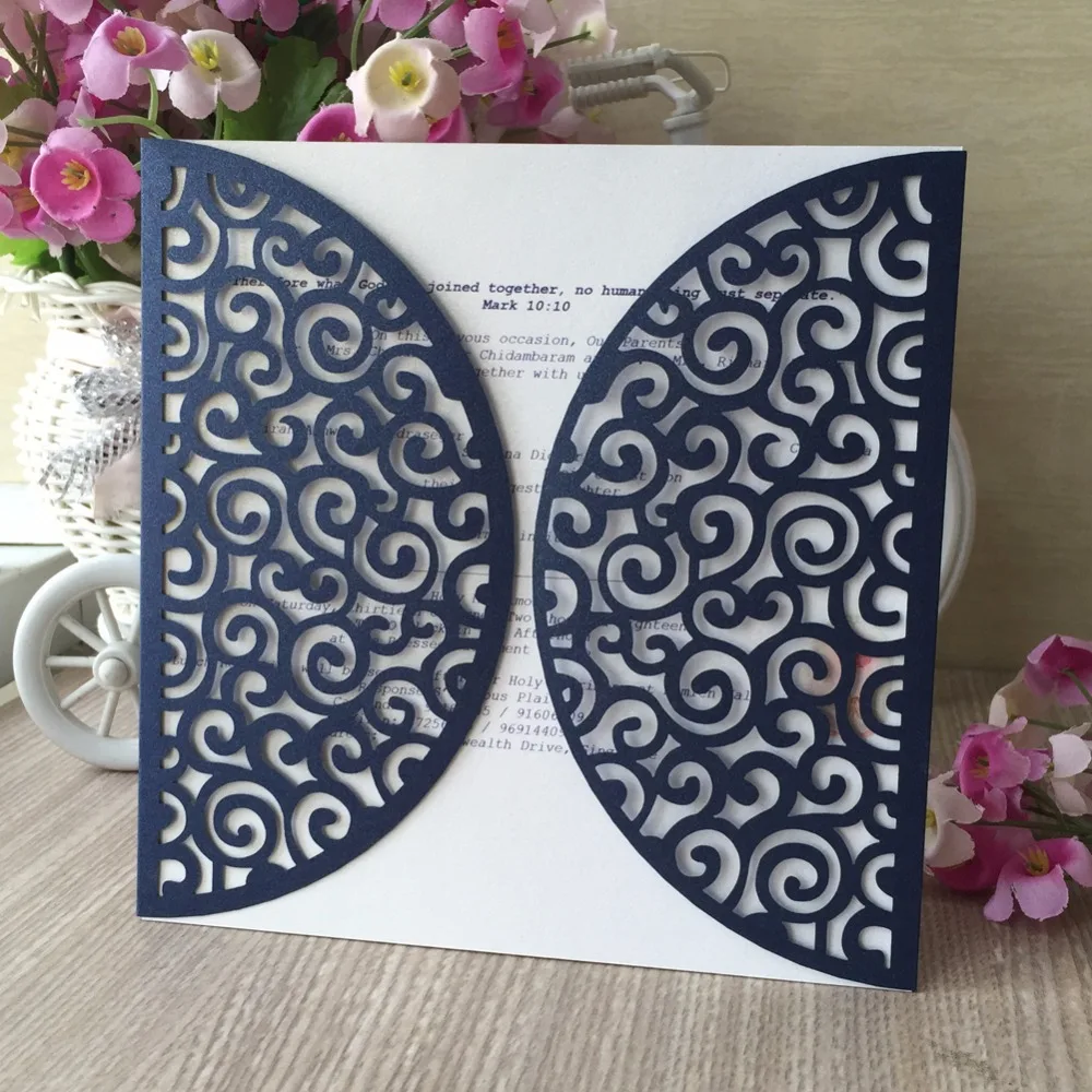 

30pcs 2018 New Arrived Laser Cut paper carft Dark Navy blue Color Glossy paper Wedding Birthday Party Invitation Card
