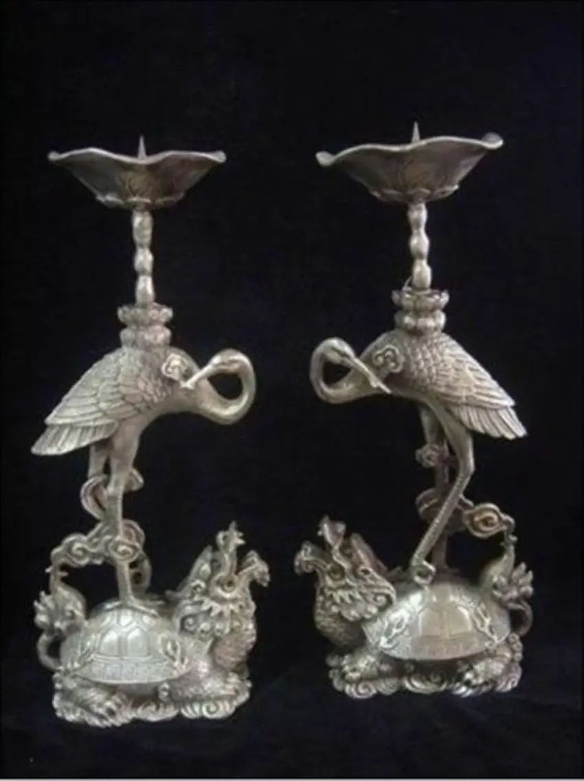

pair of chinese Tibet Silver candlestick carved turtle crane Free shipping