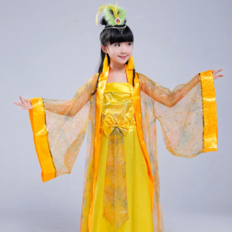Детская одежда желтая Hanfu сказочный костюм для выступлений девочек костюмы
