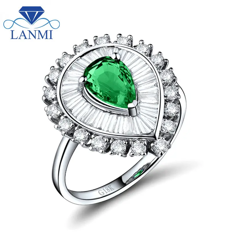 

LANMI Pear Cut 5x7mm Genuine Natural Green Emerald Engagement Ring 18Kt White Gold Gemstone Jewelry