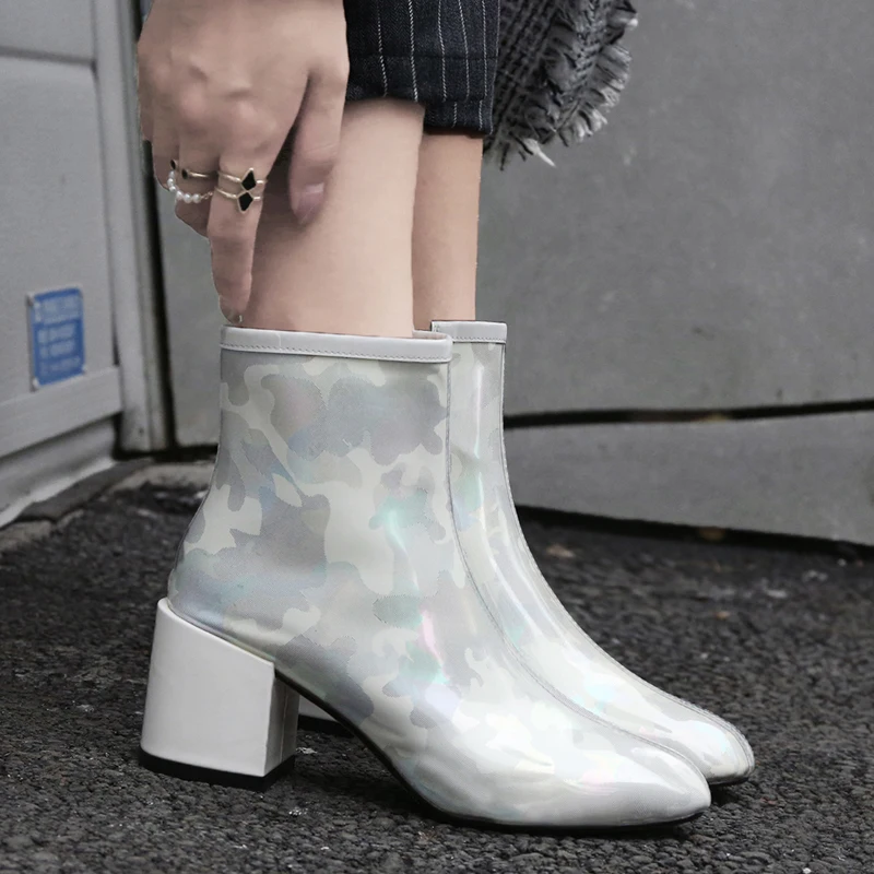 

WETKISS Thick High Heels Women Ankle Boots Square Toe Zip Print Footwear Cow Leather Female Boot New Shoes Woman 2018 Autumn
