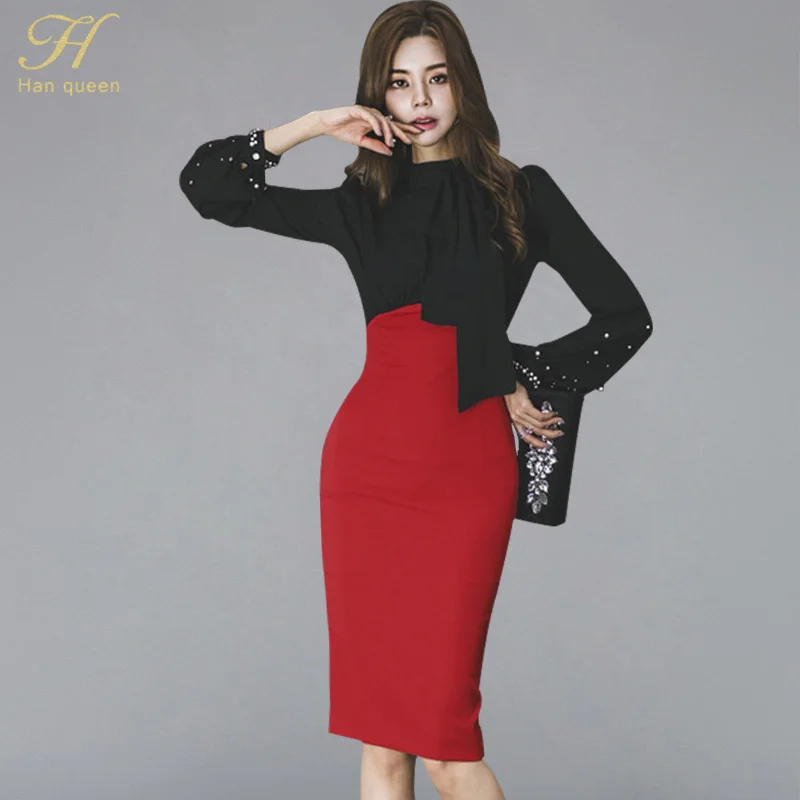 H Han queen, лоскутное, на шнуровке, шифоновое платье-карандаш, для женщин,, Осеннее, элегантное, сексуальное, до колена, облегающее, облегающее платье, OL Vestidos
