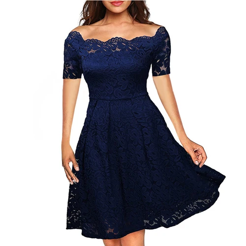 Short sleeve Blue OTEN, Женская винтажная туника с длинным рукавом, с открытыми плечами, кружевная, с вышивкой, в стиле пэчворк, свадебные, Коктейльные, вечерние, элегантные, женские платья - Цвет: Short sleeve Blue