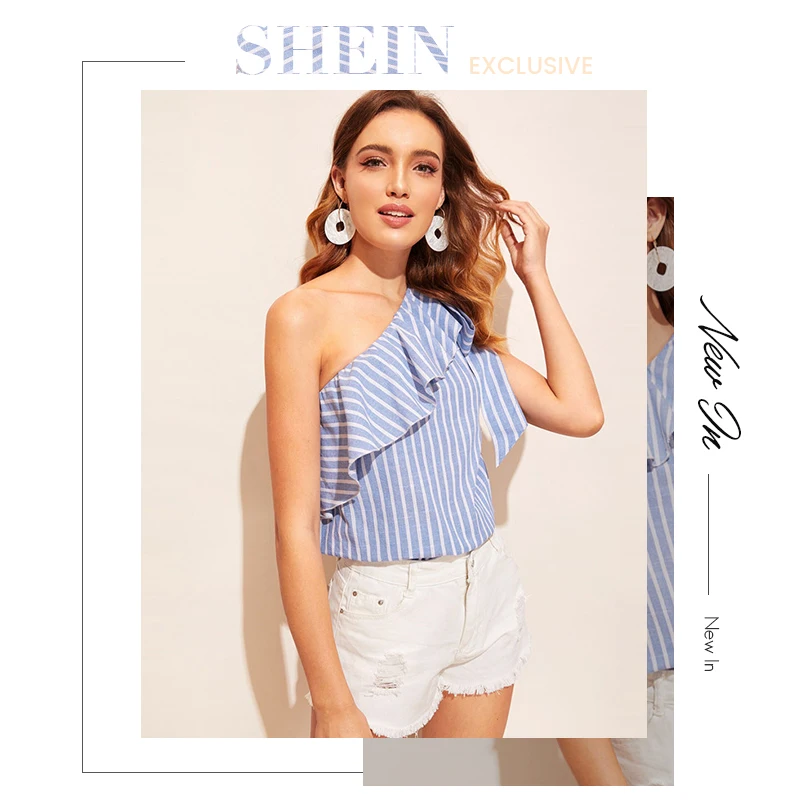 SHEIN, синяя полосатая летняя блузка на одно плечо с завязанным воланом, женские топы,, без рукавов, сексуальный топ для отпуска, Хлопковые женские топы