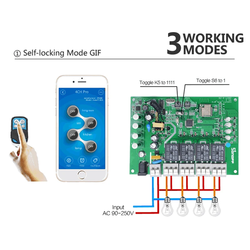 Sonoff 4CH Pro R2 Smart Google Home RF Wifi выключатель света 4 Gang 3 рабочих режима инчинг Блокировка