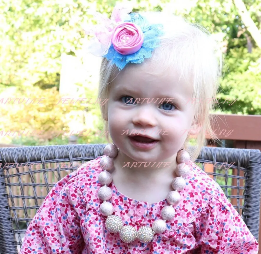 2pcsPink Wrinkle Beads chunky bubblegum necklace with glitter gold beads girl necklaceCB588 | Украшения и аксессуары