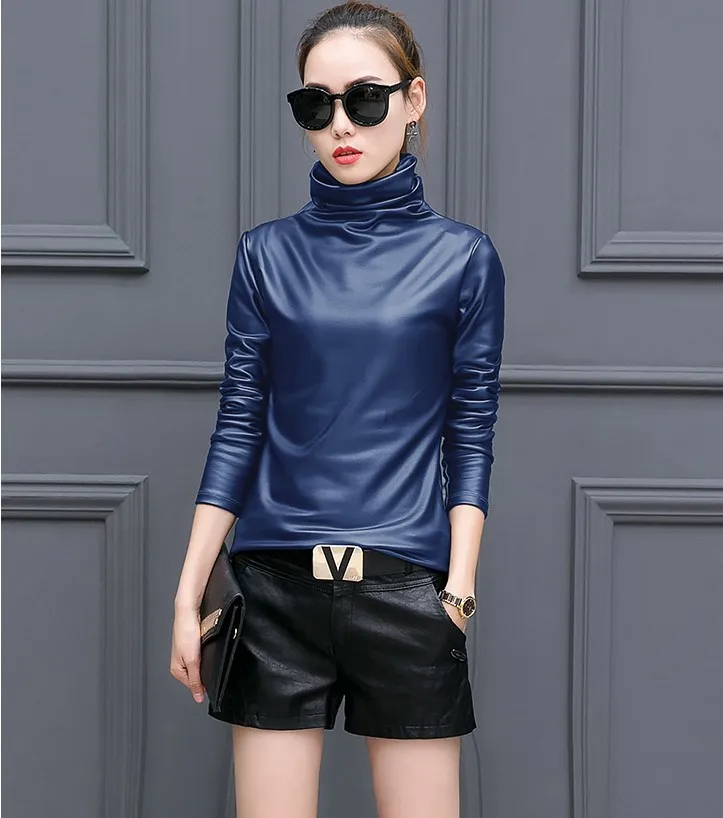 Осень-зима 2020 Теплые Топы футболка из искусственной кожи женская с длинным