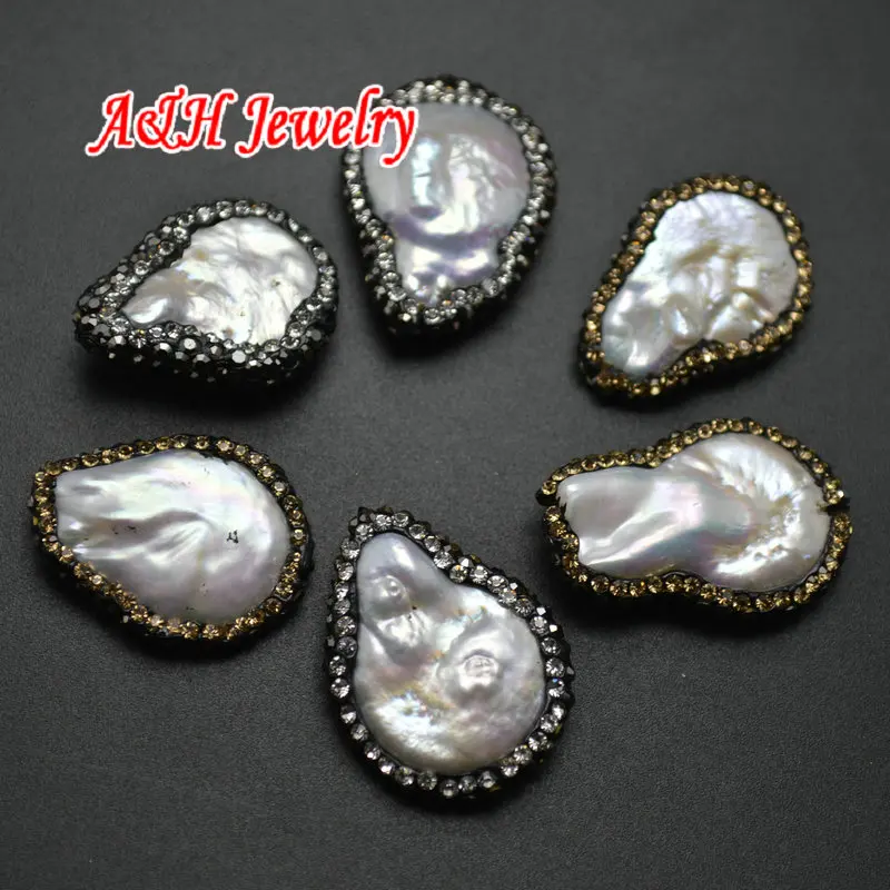

New Arrival Natural Freshwater Pearl Free From DIY Loose Beads Rhinestone Paved Around Shine Bead 10pc/lot