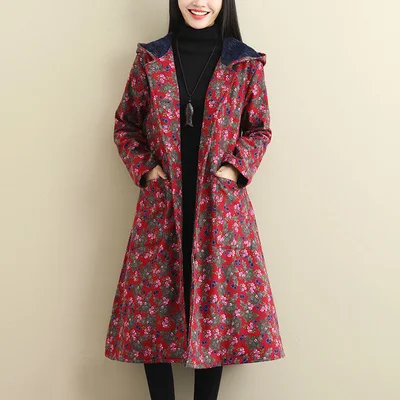 Red bottomfloralw92 Осенне-зимнее Новое Женское пальто средней длины в национальном стиле, плюс бархатное толстое хлопковое пальто с капюшоном, большой размер, Цветочная одежда с хлопковой подкладкой - Цвет: Red bottomfloralw92