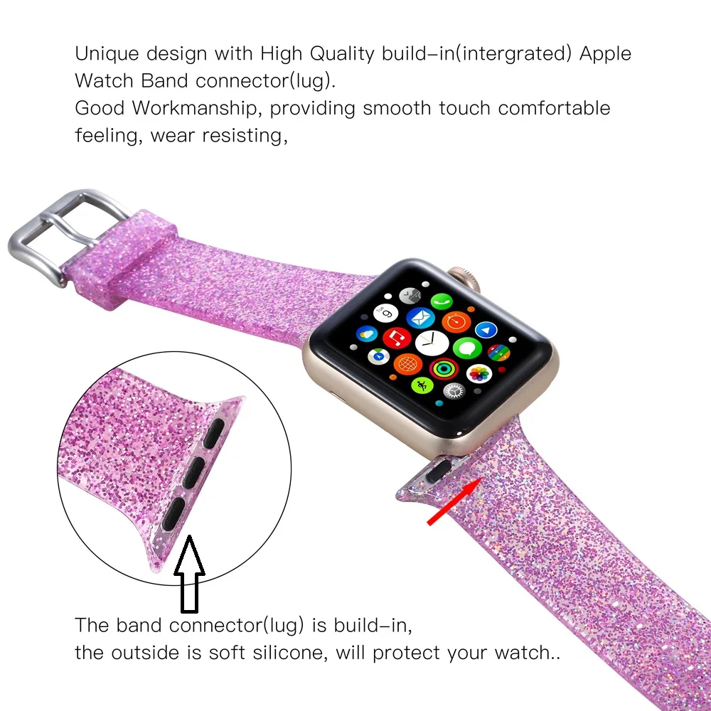 Силиконовый Прозрачный блестящий водонепроницаемый ремешок для Apple Watch 38 мм 40