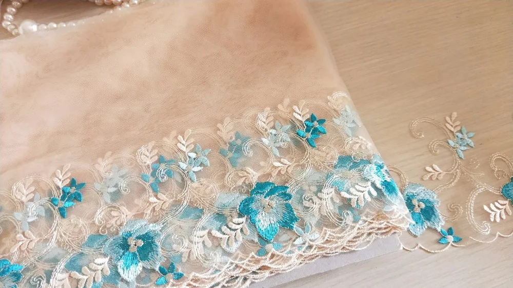 Кружевная отделка 2 ярда синие цветы вышитые бежевые тюлевые кружева 8 66 дюйма