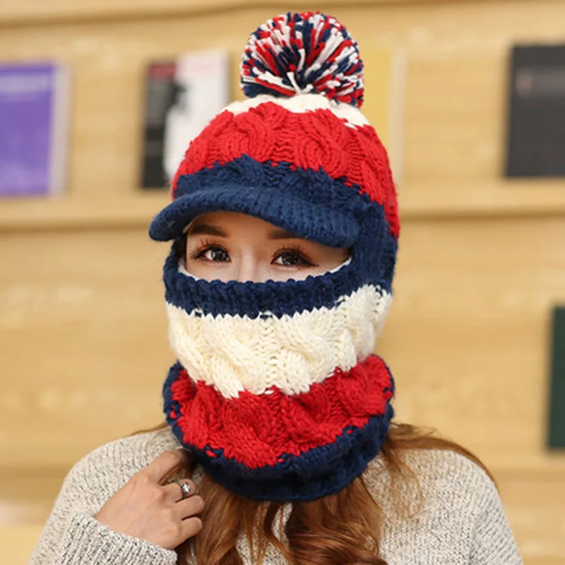 Autumn Winter Women Hat Scarf Set Casual Snow Cap Warm Plush Baggy Knitted Earflaps Beanies |