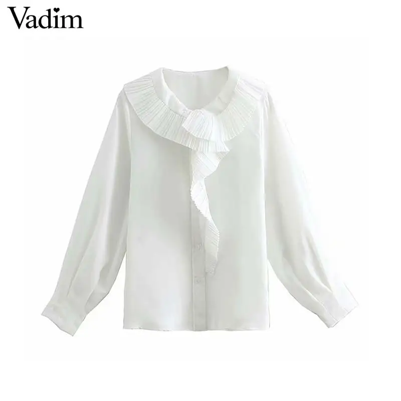 Vadim women sweet ruffles black white blouse long sleeve ruffled collar solid shirts female casual chic tops blusas LA742 |