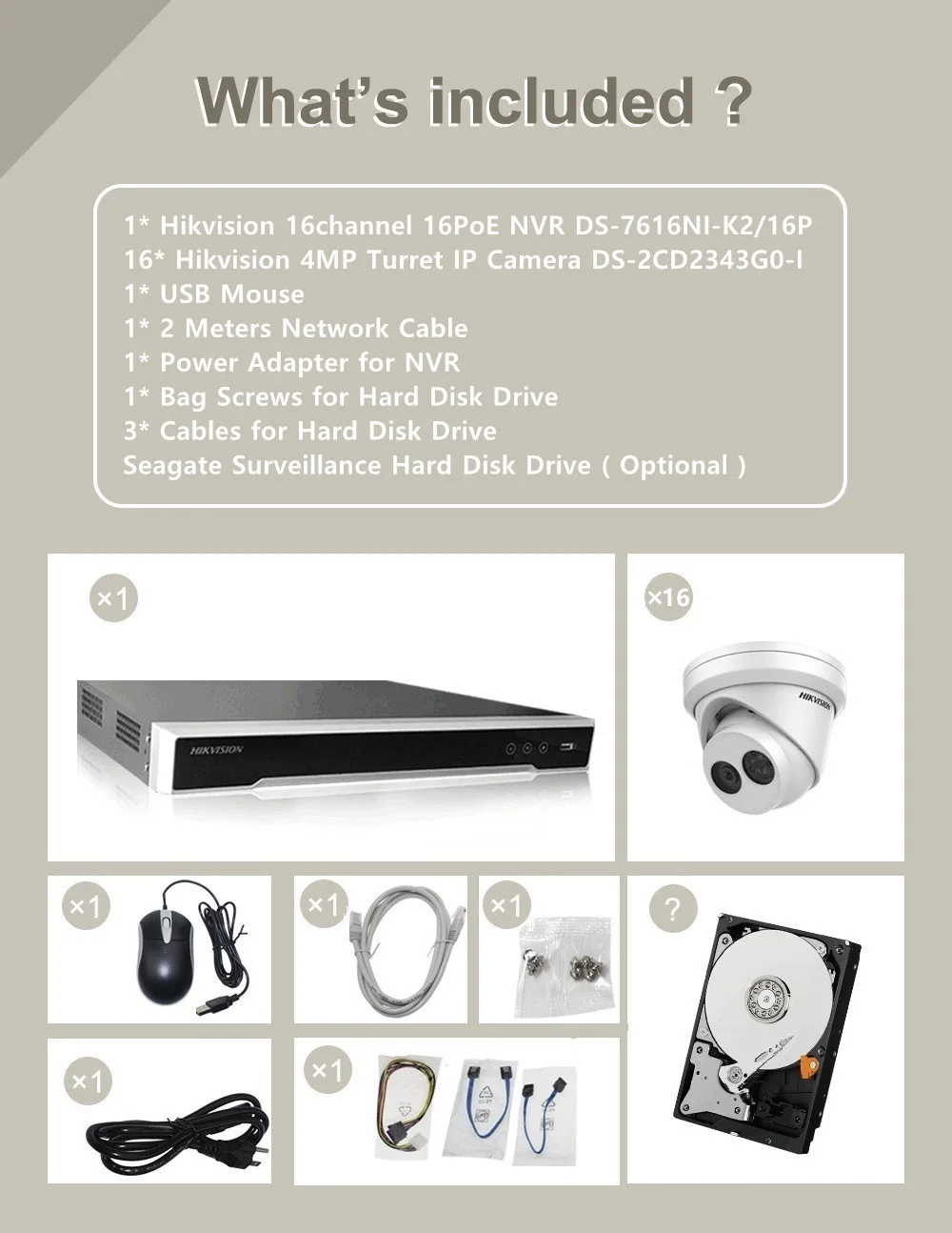 Hikvision NVR DS-7616NI-K2/16P 8MP запись разрешения + 16 шт DS-2CD2343G0-I 4MP EXIR CCTV камера безопасности.