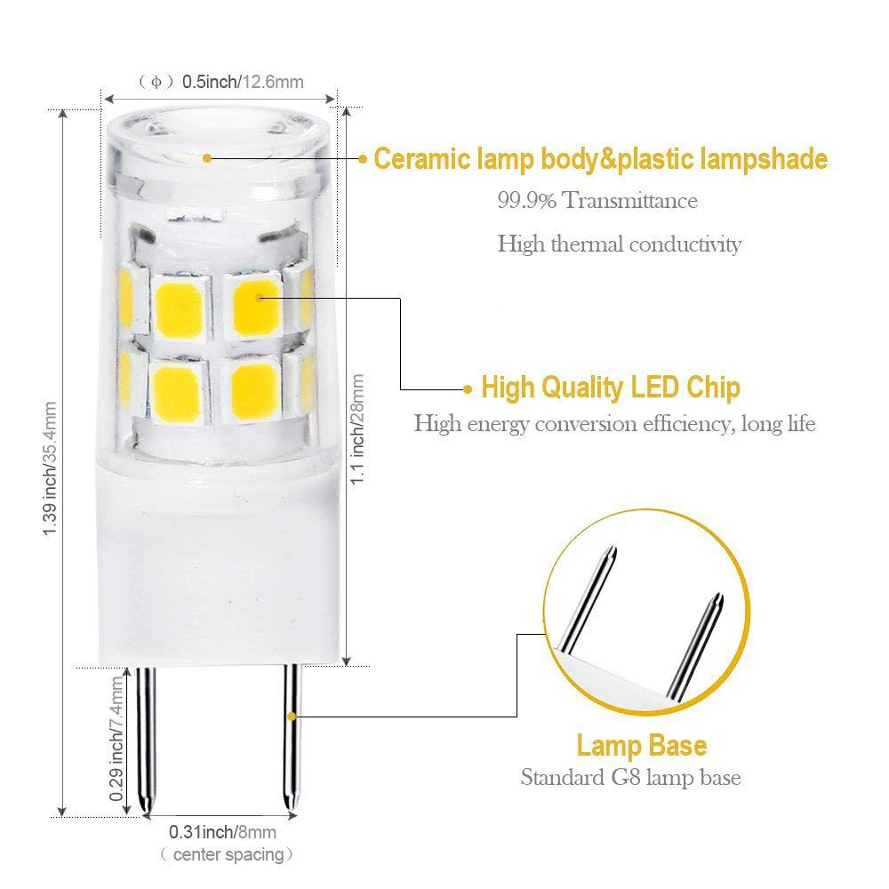 

BIFI-LED G8 Light Bulb, G8 GY8.6 Bi-pin Base LED, Not Dimmable T4 G8 Base Bi-pin Xenon JCD Type LED 120V (5-Pack) (G8 3W)