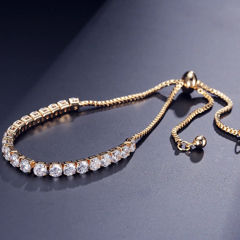 Hibride Jewelry New Design AAA Cubic Zircon Tennis Bracelets, Gold-Color Adjustable Chain Women Bangles