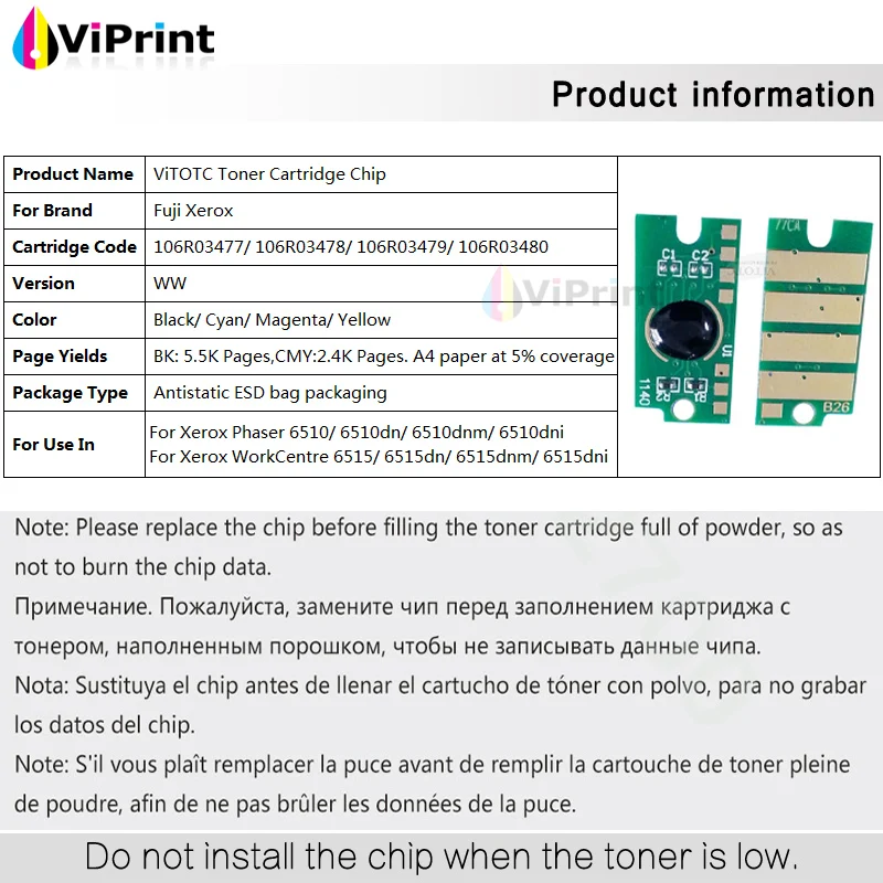 106R03480 106R03477 106R03478 106R03479 чип тонер картриджа для Xerox Phaser 6510 6510dn Workcenter 6515n сброс