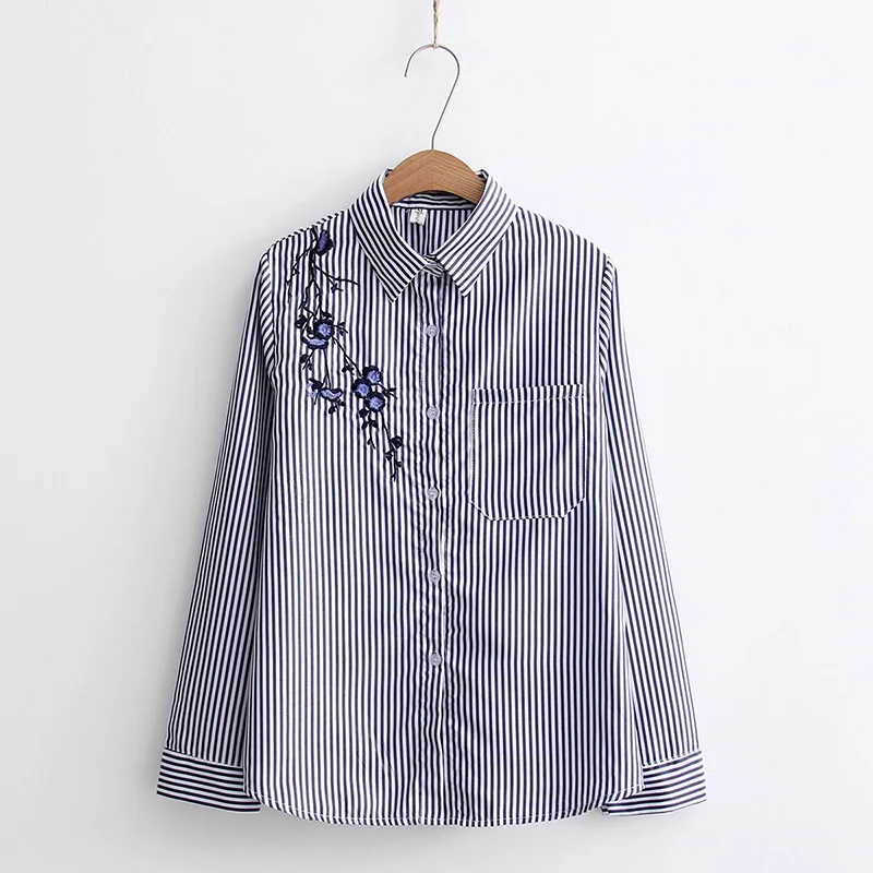 DAIQIANNI Pocket Striped Shirt Women 2018 Spring Flower Embroidered Blouse Long Sleeve Cotton Loose Camisas Mujer Tops |