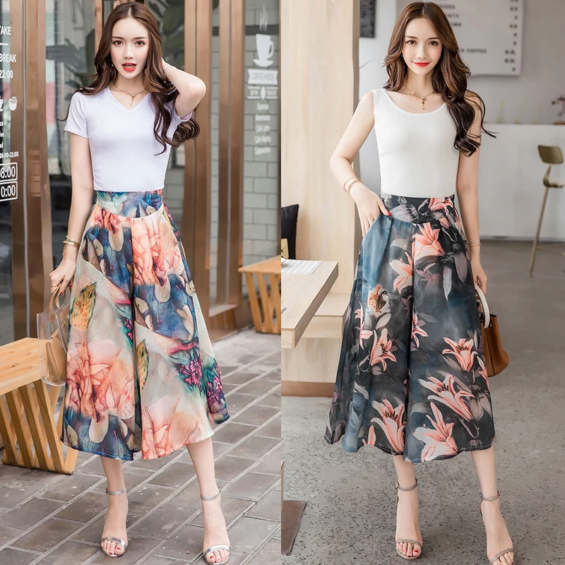 Drape high waist wide leg pants female summer thin section loose chiffon cropped trousers skirt 2020 new floral beach lady | Женская