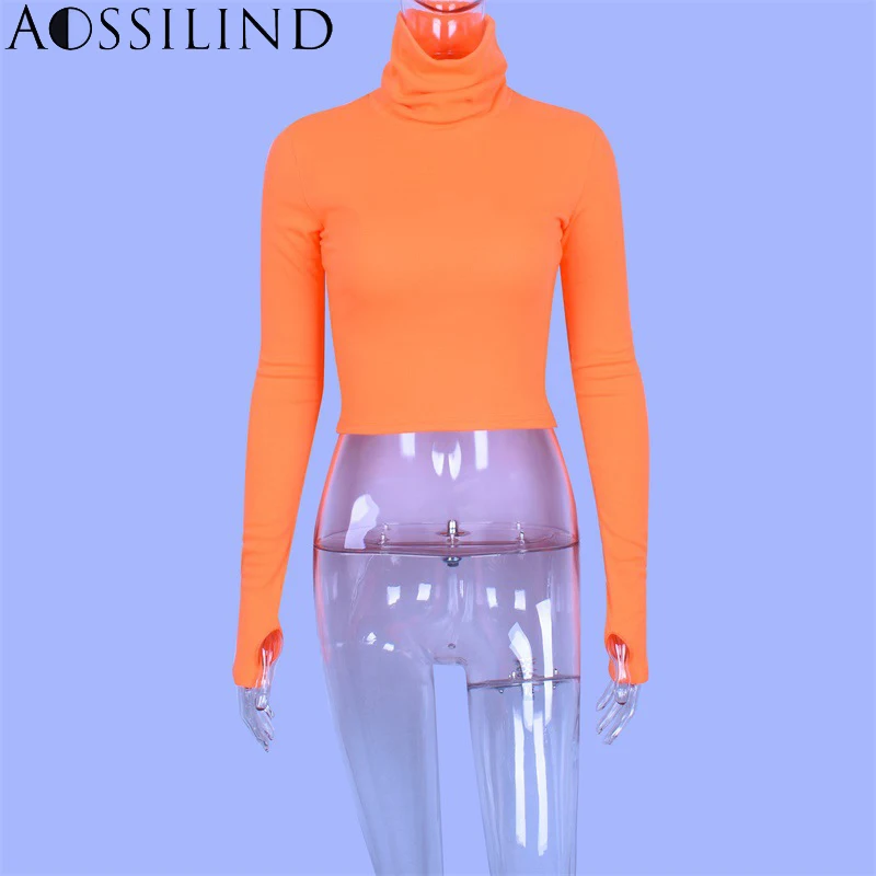 

AOSSILIND Turtleneck Long Sleeve Sexy Crop Top Women Autumn Winter Short T shirt Casual Christmas Pullovers
