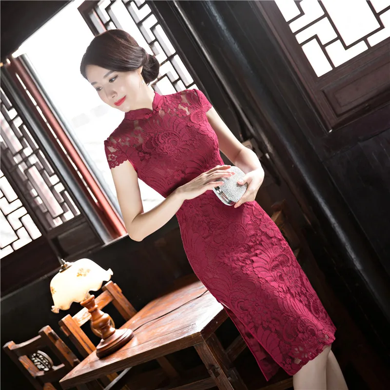Шанхай история Новое поступление китайский женский колено Leng Cheongsam мода короткий стиль лето Qipao кружевное платье Vestidos