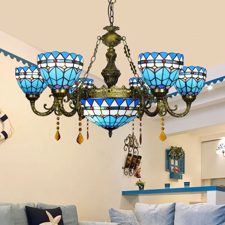 

Tiffany Baroque Mediterranean Stained Glass Suspended Luminaire E27 110-240V Chain Pendant lights for Home Parlor Dining Room