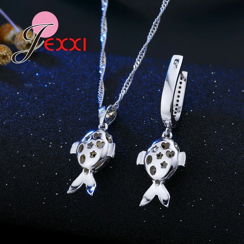 

Charm Lucky Fish Fashion Statement Necklace Hoop Earrings Jewellery Sets For Women 925 Sterling Silver CZ Set