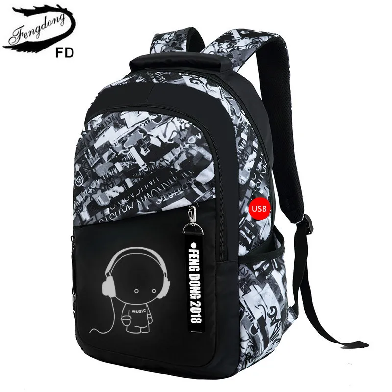 Fengdong brand teenage boys schoolbag big backpack usb bag student school bags for boys kids waterproof backpack school bookbag