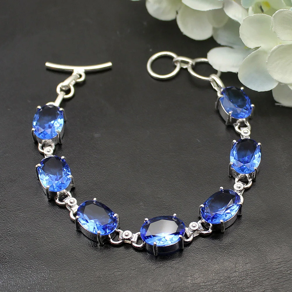 

Outstanding Natural Blue Topaz925 Sterling Silver Color Women Xmas Gifts Links Chain Bracelet 7.75 Inch TF854