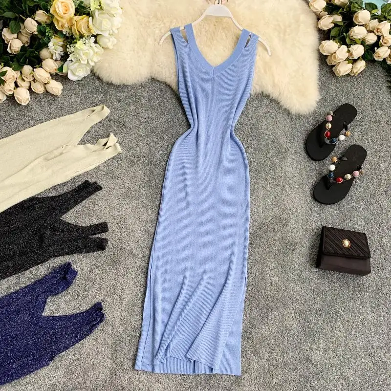 2019 новые модные женские платья вязаный жилет v-образным вырезом без рукавов сумка