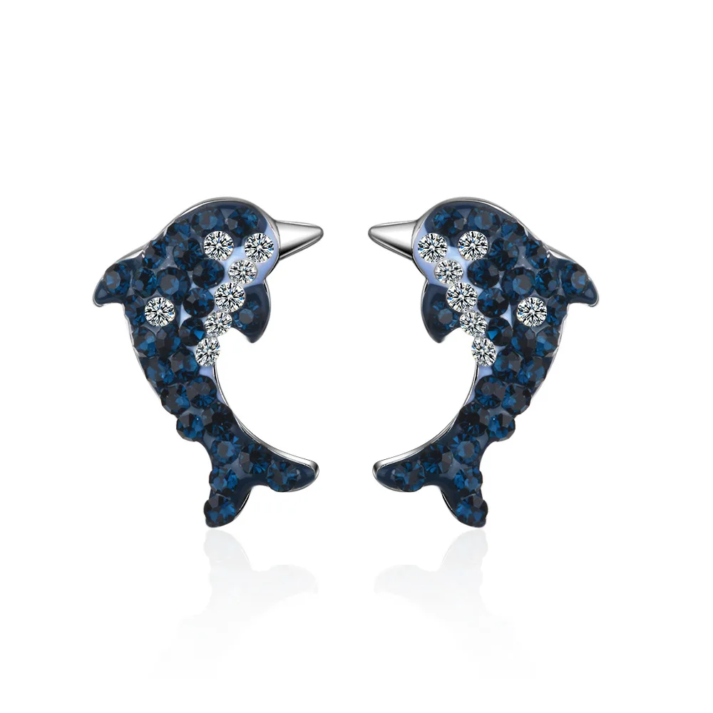 

New Arrivals Trendy Cute Dolphin Animal Blue Cubic Zirconia 925 Sterling Silver Ladies Stud Earrings Original Jewelry For Women
