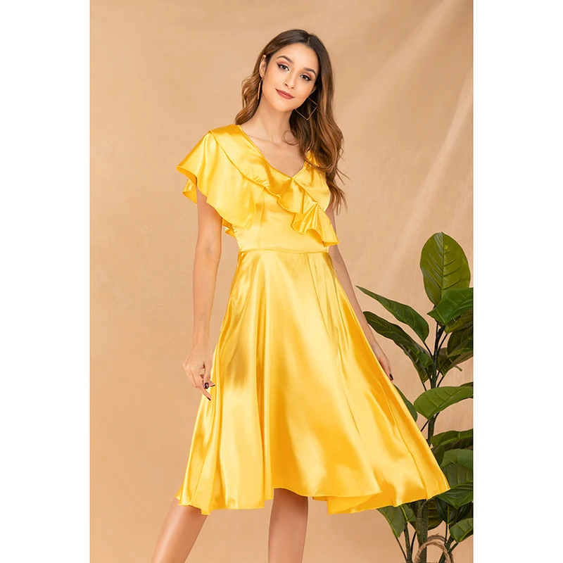 2019 женское платье миди с оборками желтый подиум пляжная мода повседневное летнее