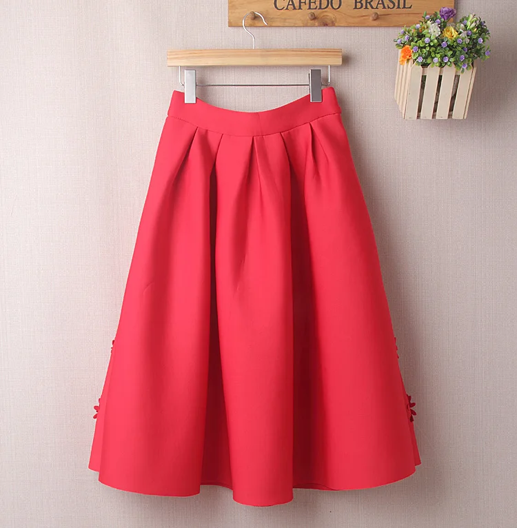 Fetoo твердые цветочные юбка трапеция Высокая Талия Миди юбки Для женщин