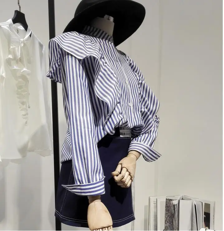 

Women's spring autumn Long sleeve blue stripe shirt female casual loose ruffles basic OL Shirt plus size tops Blouse TB466