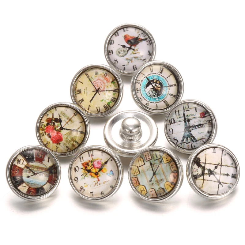 10 шт./лот круглые стеклянные часы разных стилей 12 мм браслет с кнопками для женщин