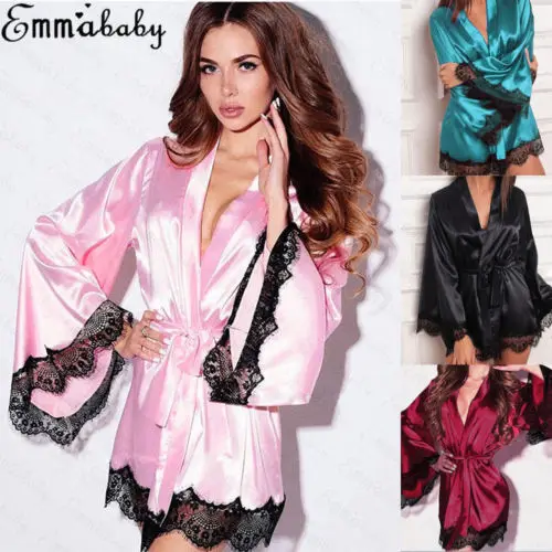

Women Satin Silk Kimono Robe Dressing Gown Wedding Bridesmaid Sleepwear Bathrobe Robs Belt Solid Lace Long Sleeve