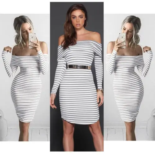 Sexy Women's Bandage Body-con Slash Neck Striped Dresses Long Sleeve Evening Party Short Mini Dress | Женская одежда