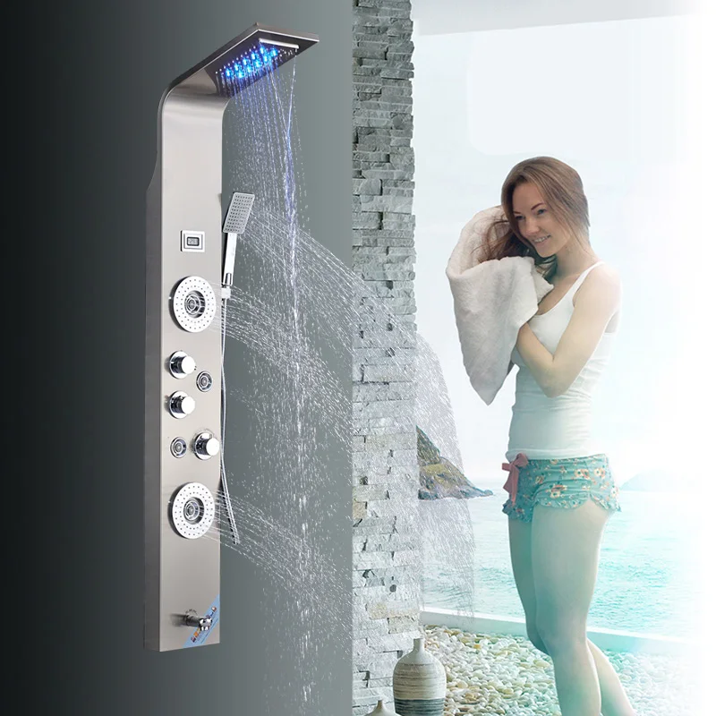 Nickel 8005 Bathroom Shower Panel Column Brushed Nickel LED Rain waterfall Shower Panel 6 Functions 2 massage Big display With Bidet Taps - Color: Nickel 8005