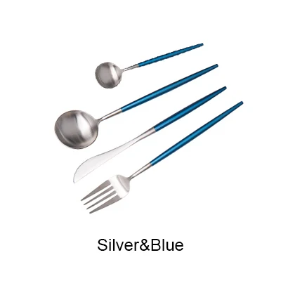blue silver 7 цветов, набор столовых приборов из нержавеющей стали, благородная вилка, нож, десертная посуда, посуда, золотой, серебряный, черный, кофейный - Цвет: blue silver
