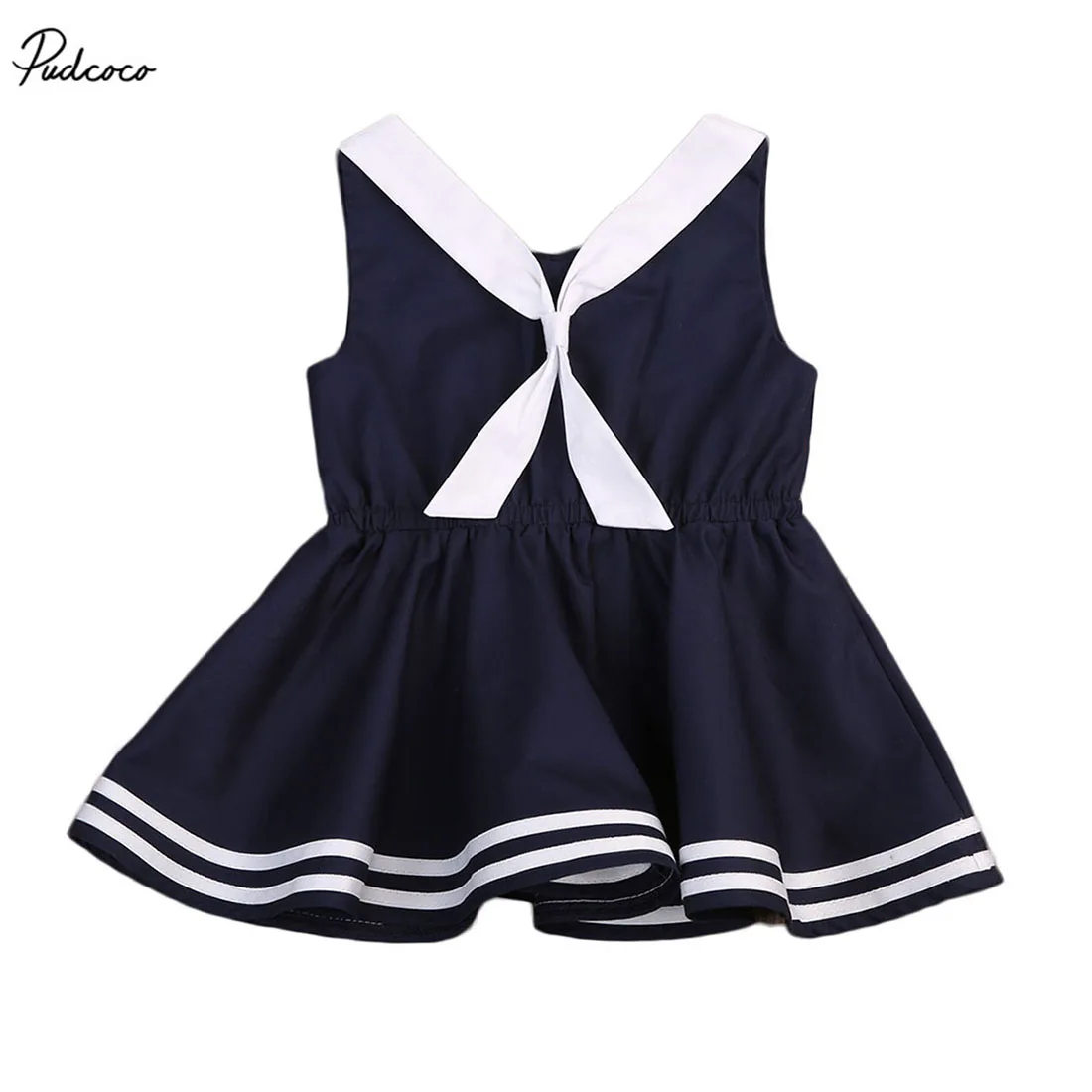 Милое матросское платье без рукавов новинка 2017 летнее в полоску для маленьких