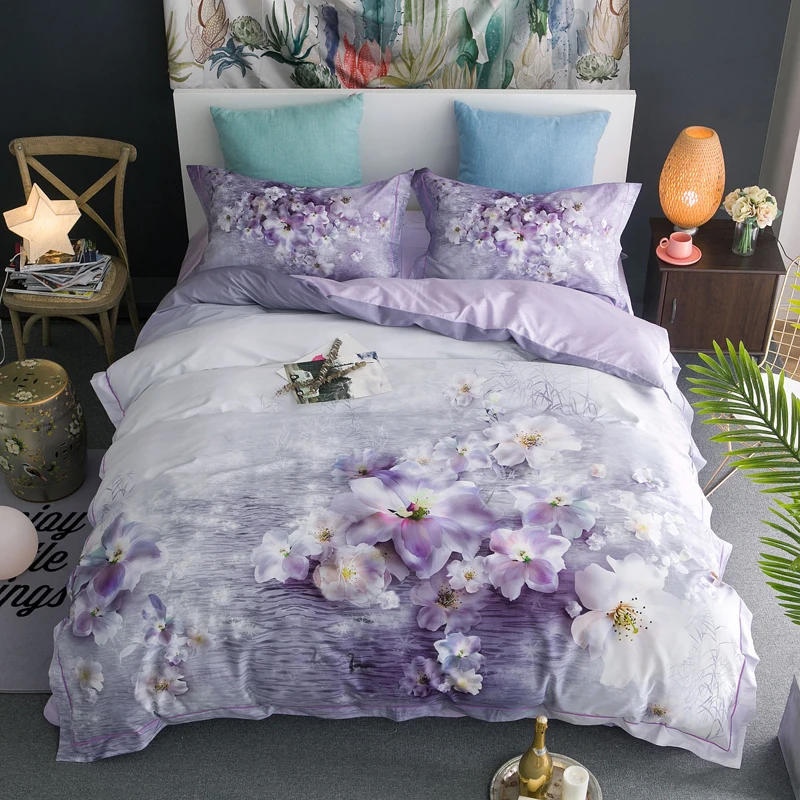 

Luxury purple100S Egyptian cotton digital printing Bedding sets Queen King flower Duvet cover Bed sheet set Pillowcases 4pcs