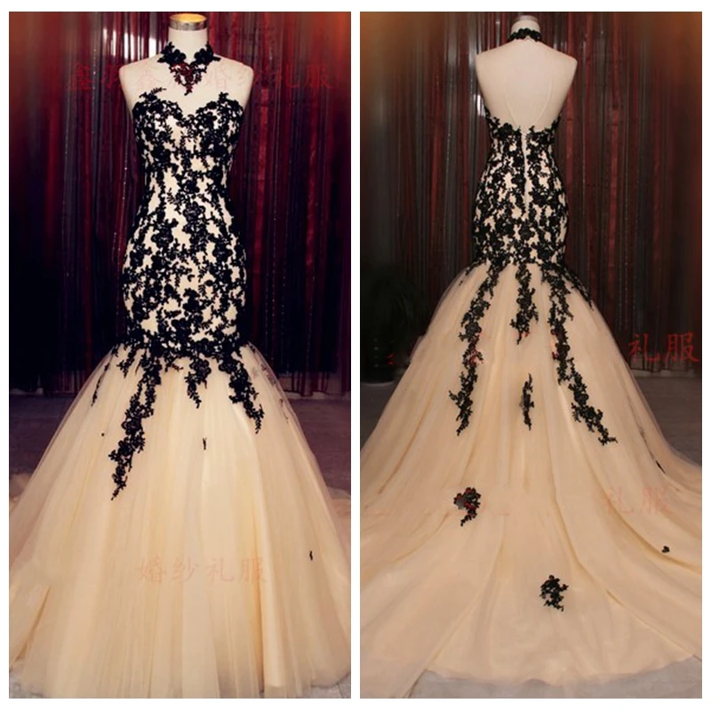 Real Pictures High Neck Champagne Mermaid Evening Dress Elegant Black Lace Appliques Slim Waistline Formal Special Occasion Gown | Свадьбы и