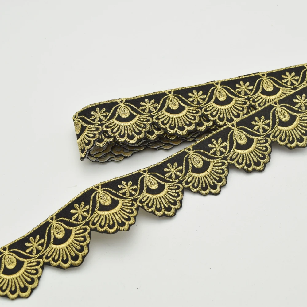 5 ярдов бархатная черная ткань кружевная отделка с золотой цветочной вышивкой