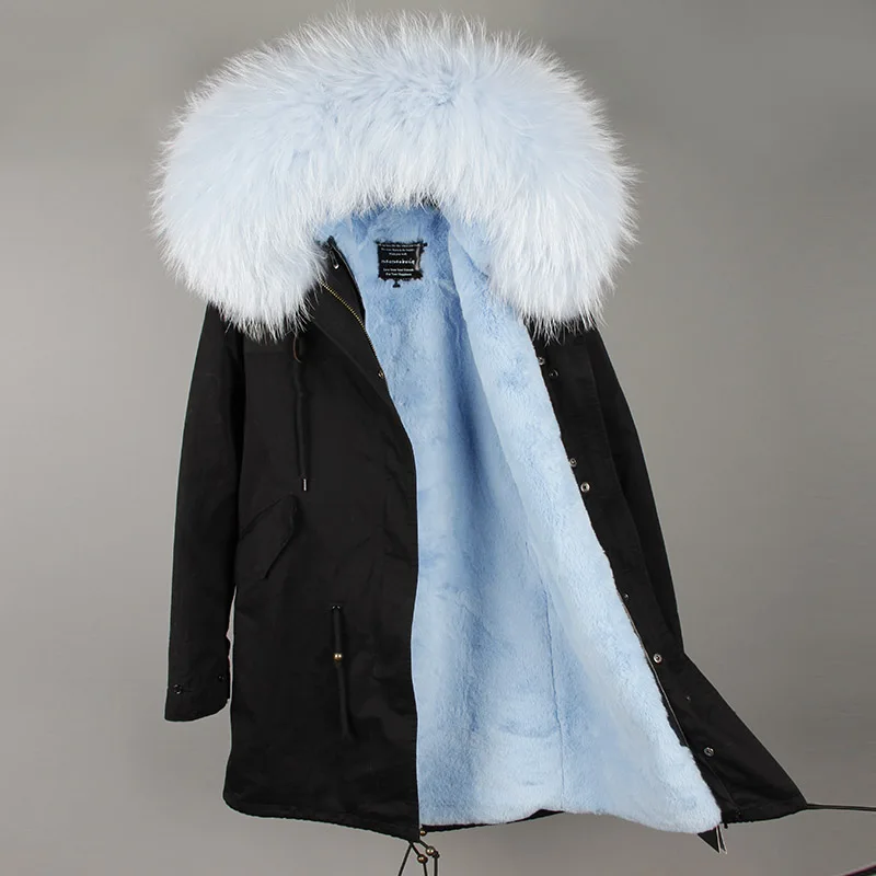 black skyblue fur Бренд, женская зимняя куртка, длинная, съемная подкладка, армейский зеленый цвет, парка, большая, натуральный мех енота, пальто с капюшоном, верхняя одежда - Цвет: black skyblue fur