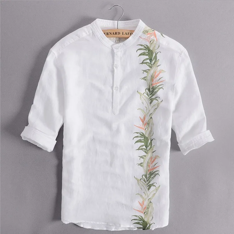 Мужская льняная рубашка с коротким рукавом Повседневная белая цветочным принтом