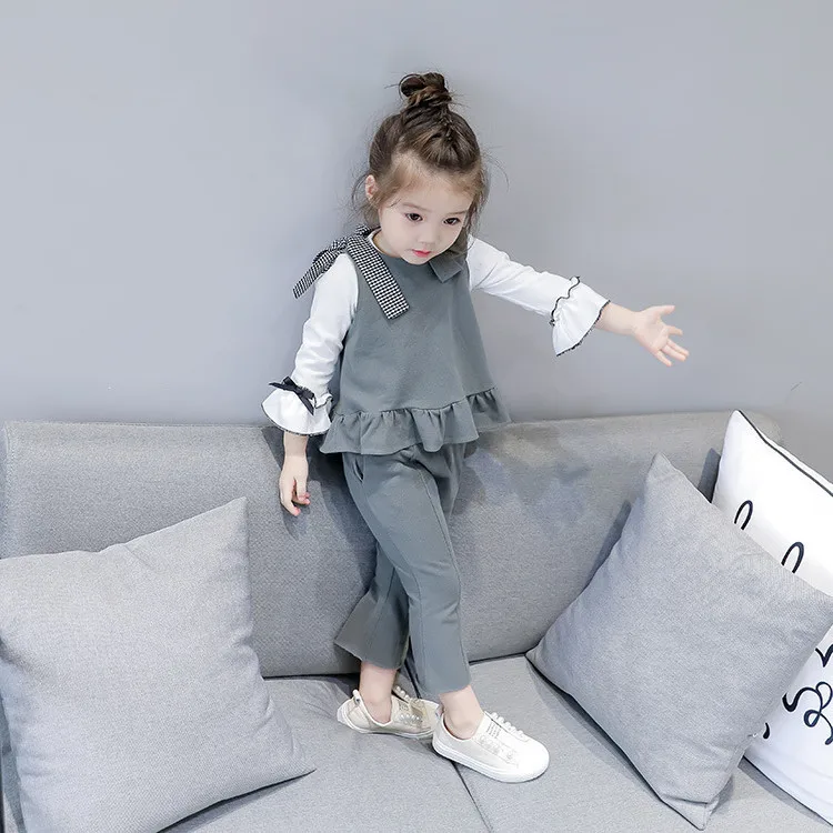 

DFXD Kids Clothes Children Clothing Sets 2018 Spring Autumn Sleeveless Bowknot Soild Color Top+Pant 2pcs Baby Girls Outfits 2-8Y