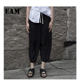 [EAM] Новинка, осенне-зимнее платье с v-образным вырезом, длинным рукавом и поясом, свободное платье большого размера, модное женское платье JU356