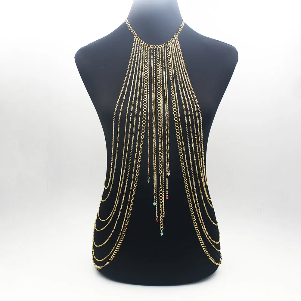 2 Colors Full Metal Crystal Pendant Necklace Body Chain Shoulder Gold JEWELRY Bikini Harness Dress BY123 | Украшения и аксессуары