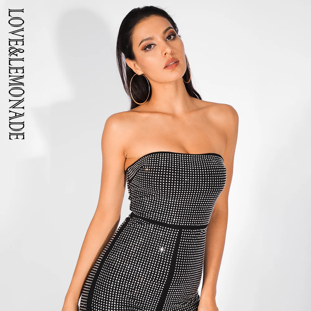 Love& Lemonade сексуальный черный обернутый нагрудный клей для алмазов украшение Bodycon комбинезон LM81563